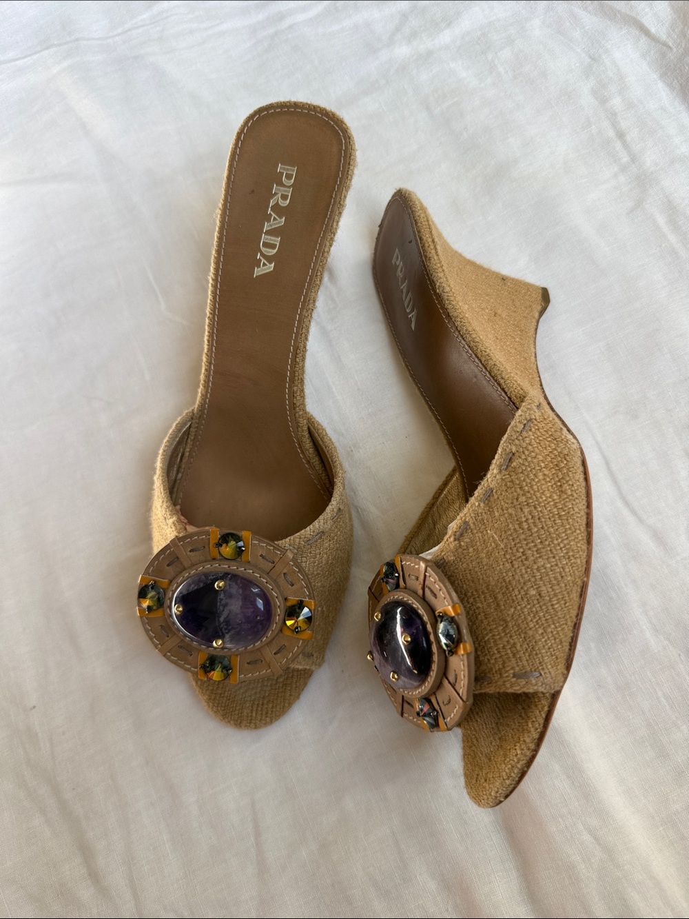 Vintage Prada Tan Embellished Wedges Sandals with Purple Stones